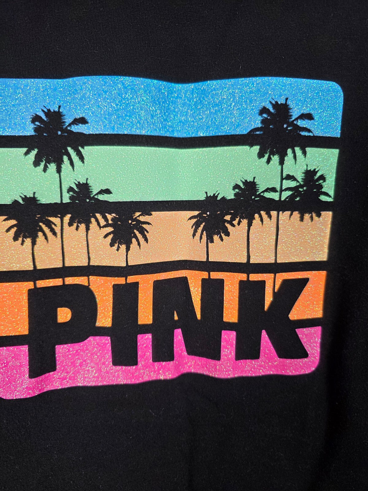 Victorias Secret PINK HTF Bling Glitter Palm Logo Tee Shirt LARGE