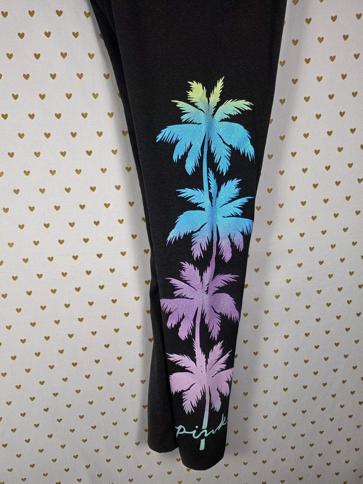 Victorias Secret Pink BLING Glitter Palm Tee Shirt Yoga Pant SET outfit LARGE