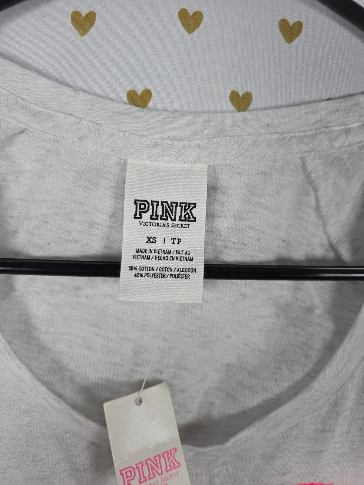 NWT Victoria's Secret PINK Sequin Heart So Over It Graphic Tee Shirt Gray XS