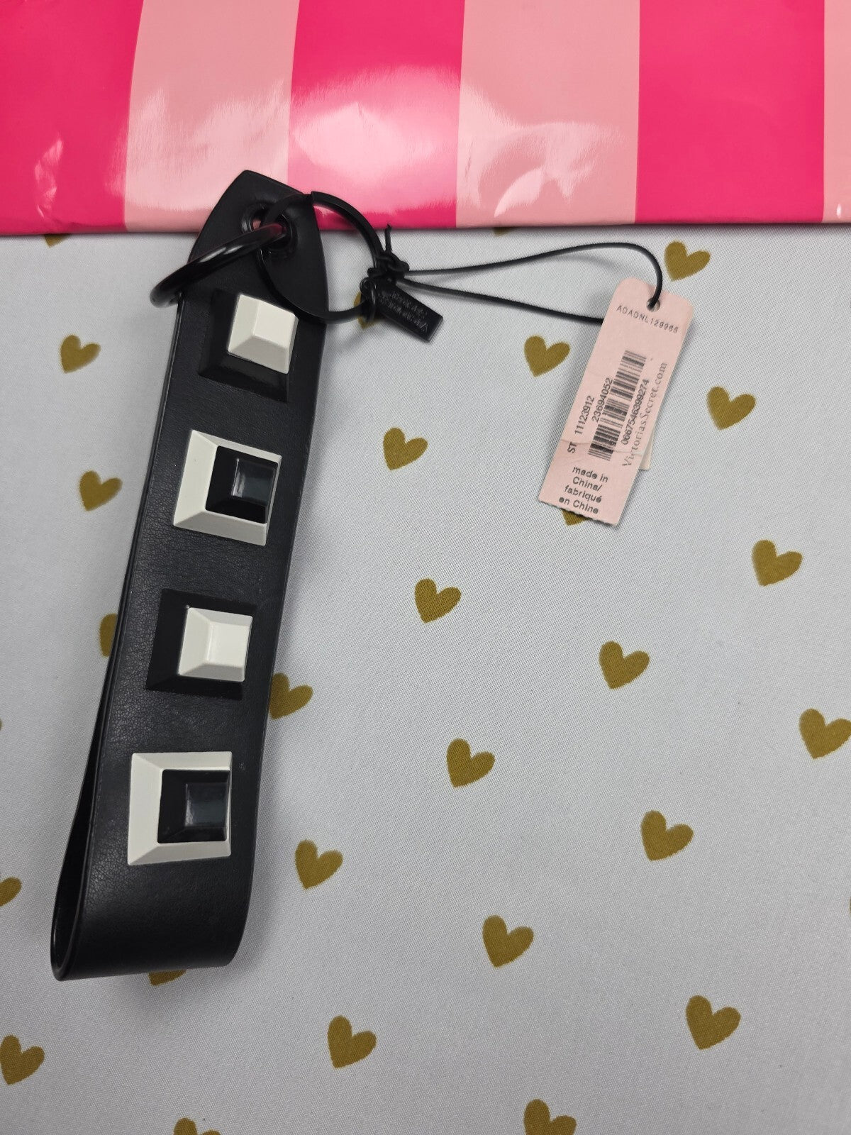 Victoria Secret BLING wristlet strap keychain Logo Black Studded Handle New NWT