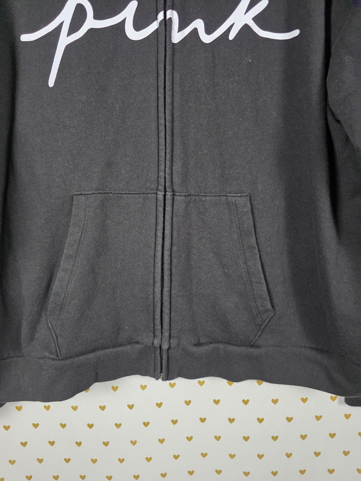 Victorias Secret Pink logo Full Zip Black Hoodie Jacket 2XL XXL