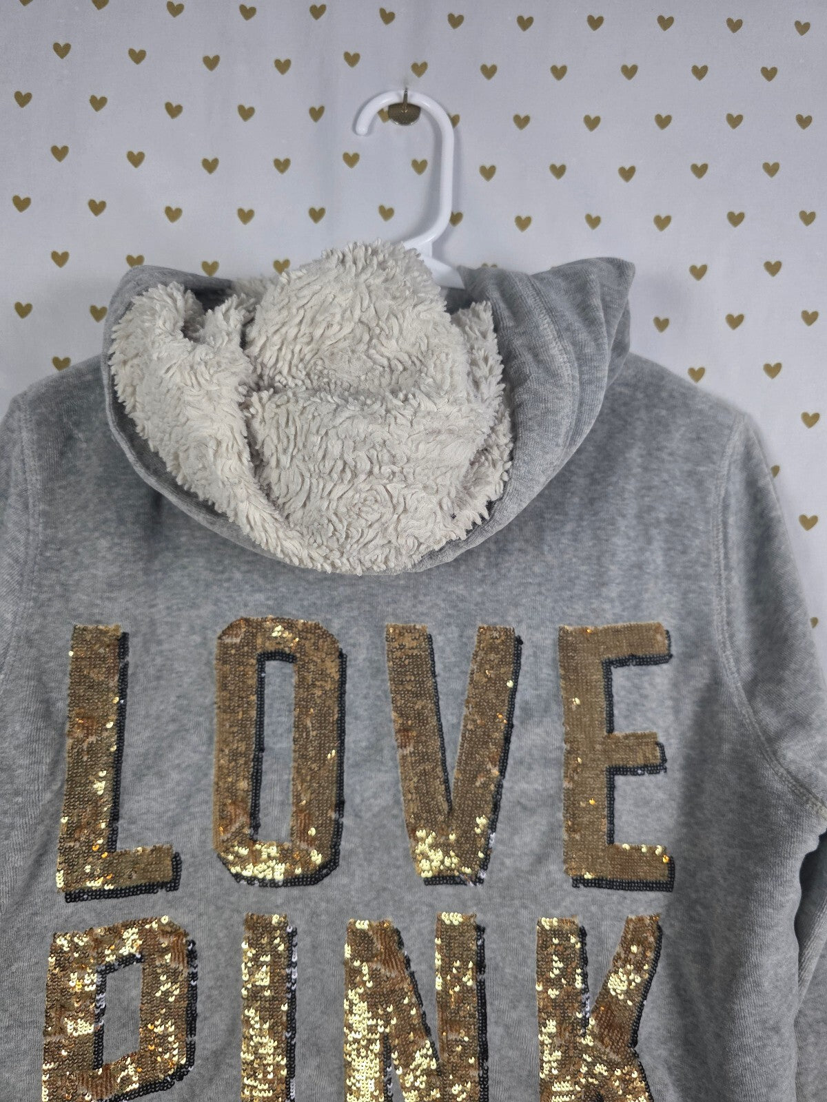 Victorias Secret Pink Vintage Velour Gold Bling Fur Lined Hoodie Jacket Large