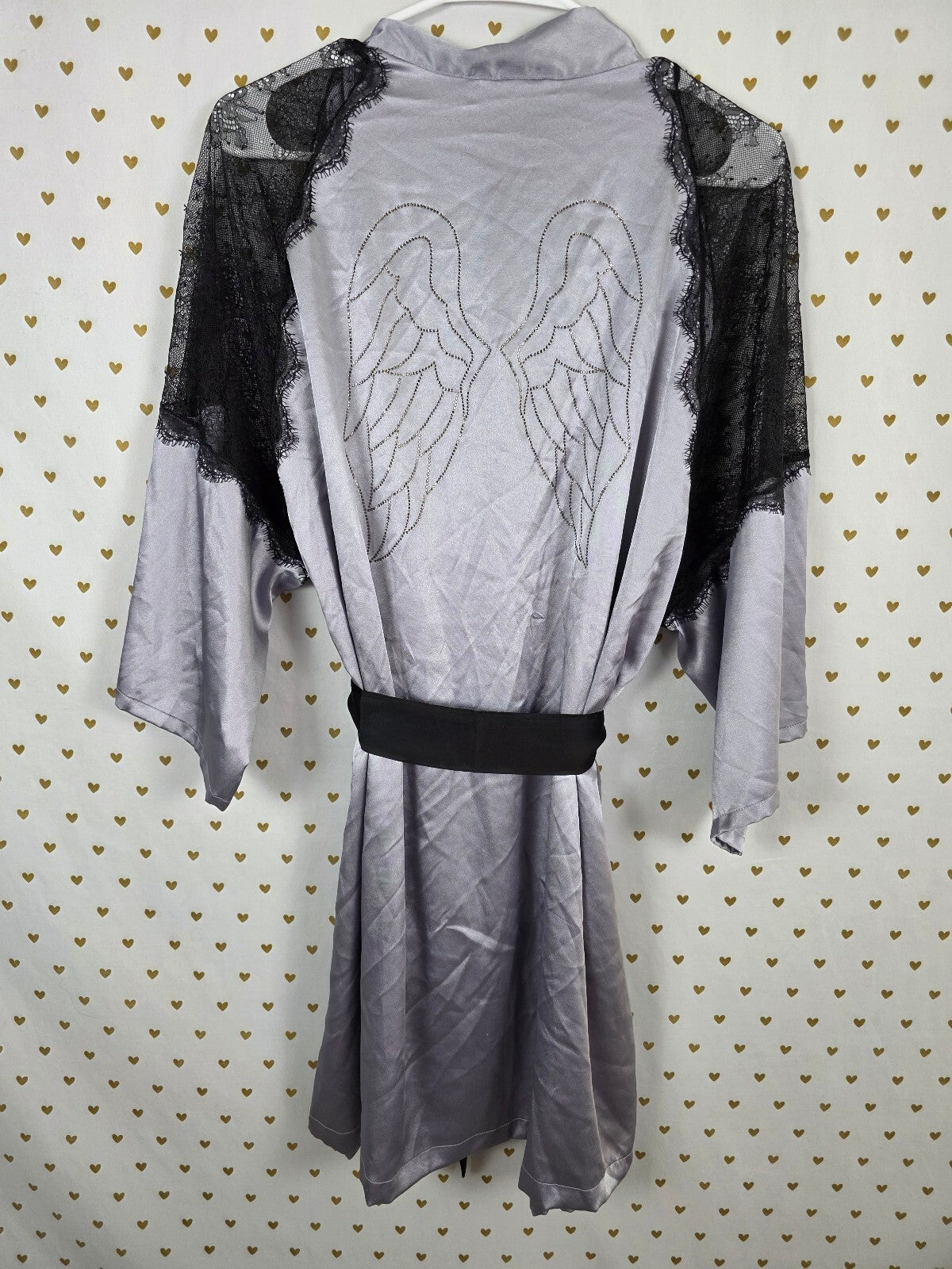 Victoria's Secret Satin Robe M/L Silver Gray Black Lace Rhinestone Angel Wings