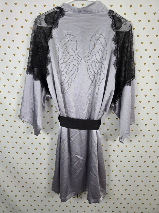 Victoria's Secret Satin Robe M/L Silver Gray Black Lace Rhinestone Angel Wings