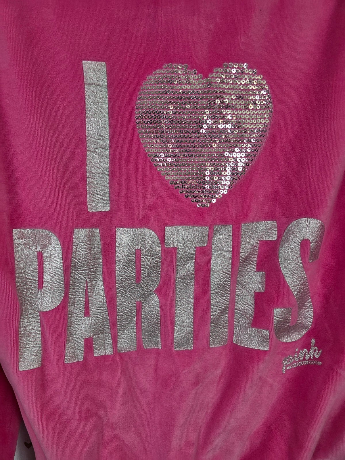 Victoria's Secret PINK Vintage Velour Hoodie M Pink I Love Parties Sequin BLING