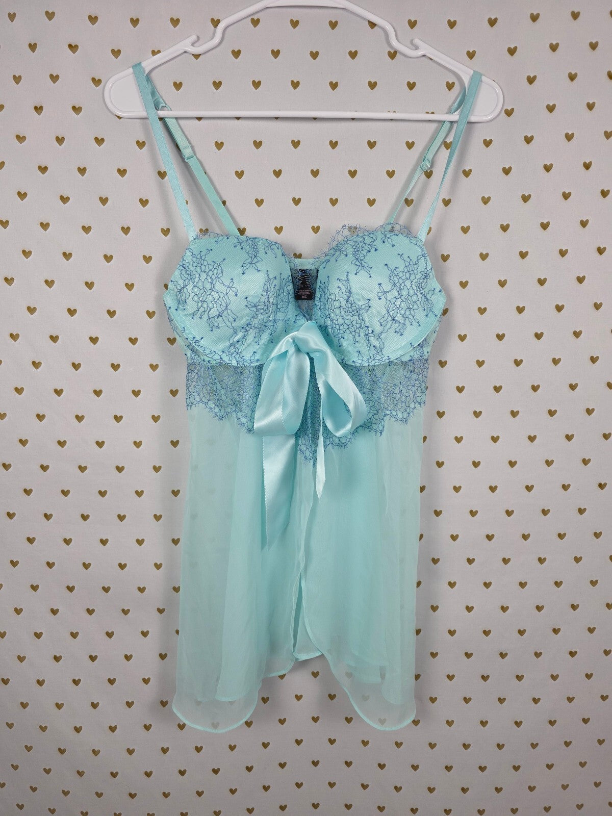 Victoria's Secret 36C Blue Lace Babydoll Chemise Lingerie Y2K Satin Bow