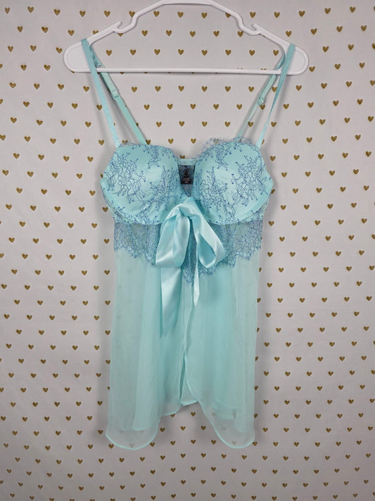 Victoria's Secret 36C Blue Lace Babydoll Chemise Lingerie Y2K Satin Bow