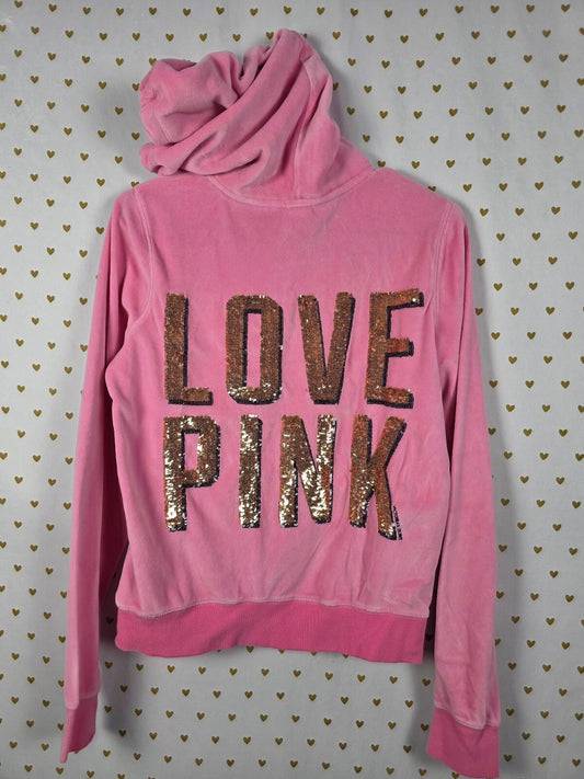 Victorias Secret Pink Vintage Velour Bling Gold Sequined Hoodie Jacket Medium