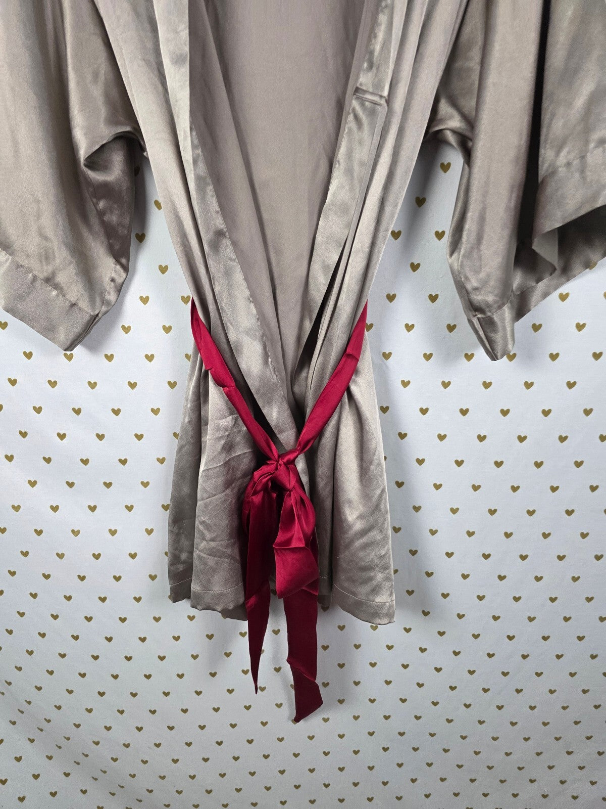 Victoria's Secret Satin Kimono Robe M/L Taupe Gray Burgundy Sash Short