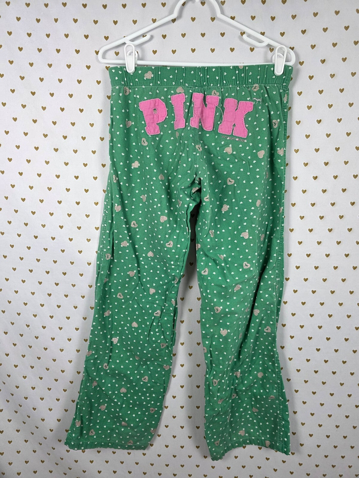 Vintage PINK Victoria's Secret Heart Print Lounge Sleep Pants Green Pink Logo XS