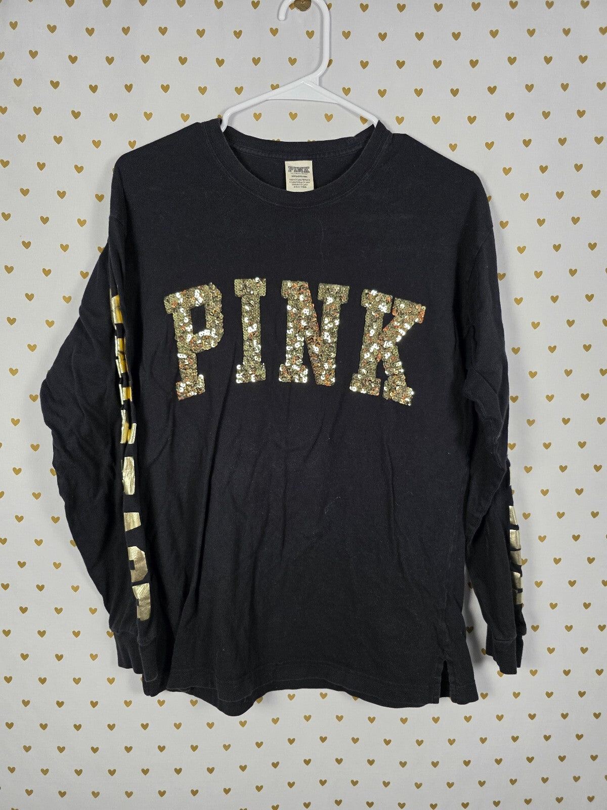 Victorias Secret PINK Gold Bling Long Sleeve Sequin Tee shirt SMALL Oversized