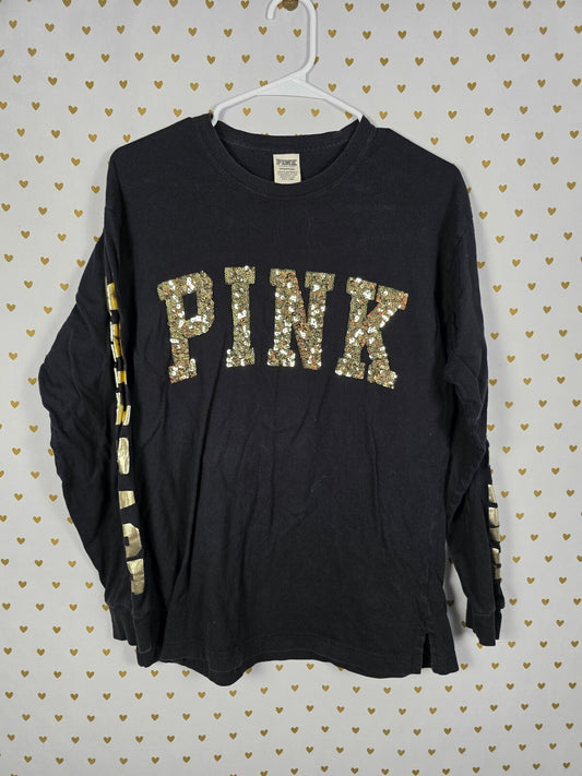 Victorias Secret PINK Gold Bling Long Sleeve Sequin Tee shirt SMALL Oversized