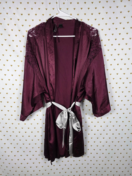 Victorias Secret Satin Silky Robe maroon Lounge Lace accent MEDIUM LARGE