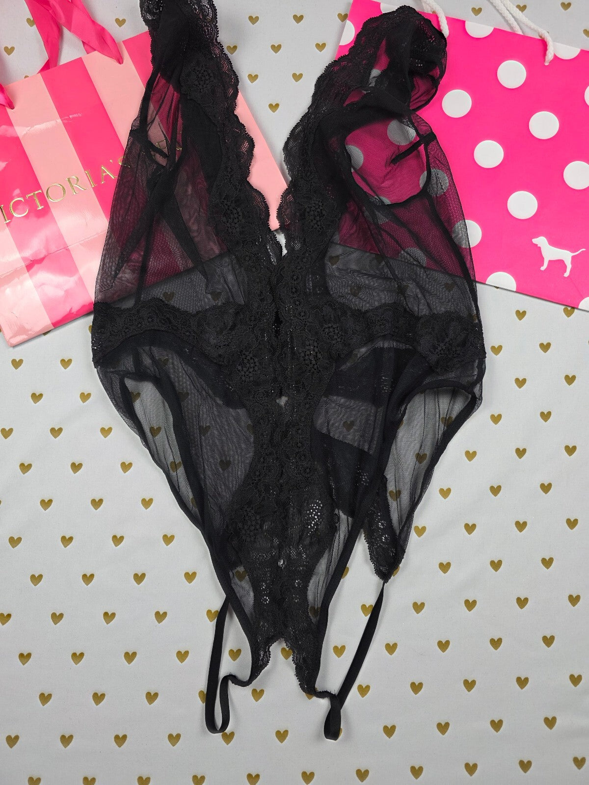 Victoria's Secret Black Lace Crotchless Teddy Bodysuit Garter Straps Lingerie