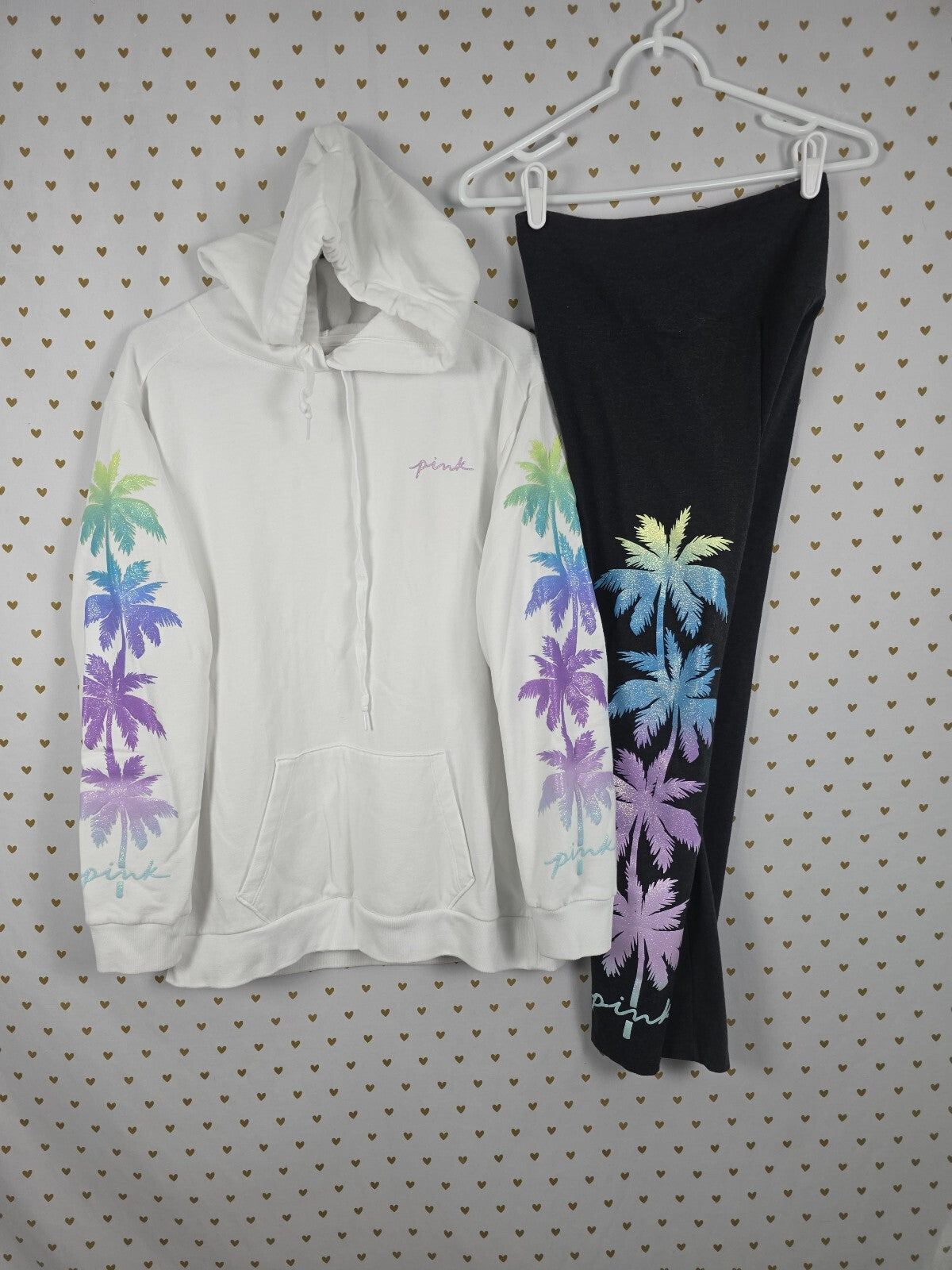 Victorias Secret Pink BLING GLITTER PALM Hoodie Yoga Pants SET 2pc OUTFIT SM MED