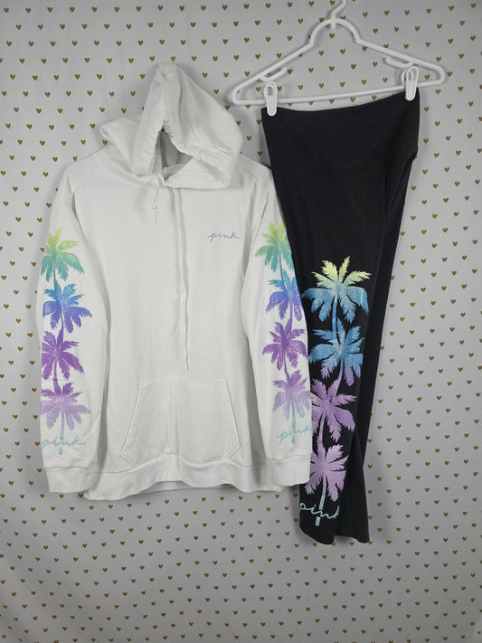 Victorias Secret Pink BLING GLITTER PALM Hoodie Yoga Pants SET 2pc OUTFIT SM MED