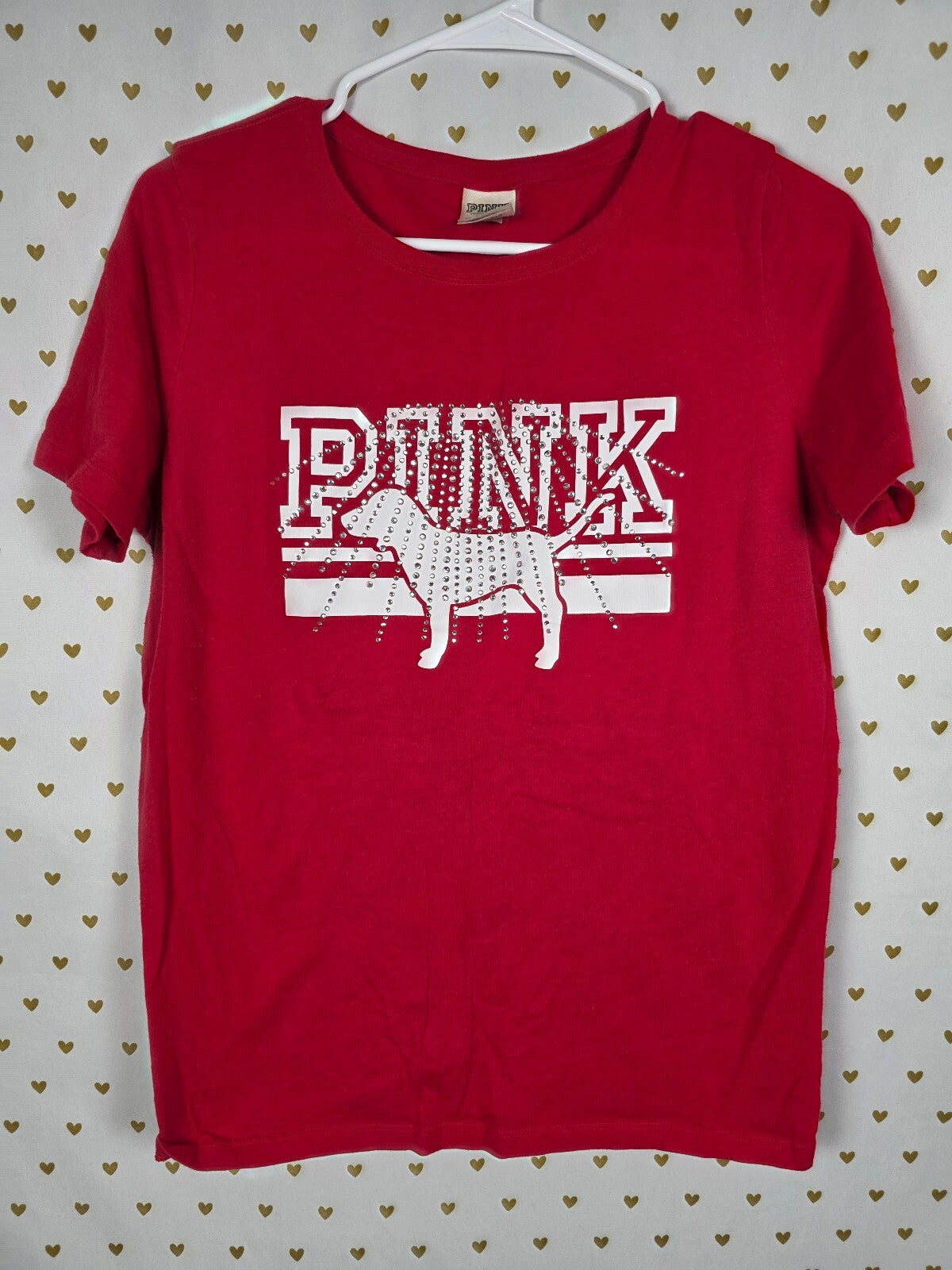 Victorias Secret PINK Red Studded BLING Dog Logo Tee Shirt MEDIUM