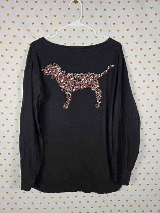 Victorias Secret PINK Leopard Cheetah Dog BLING sequined Long Sleeve Tee Large