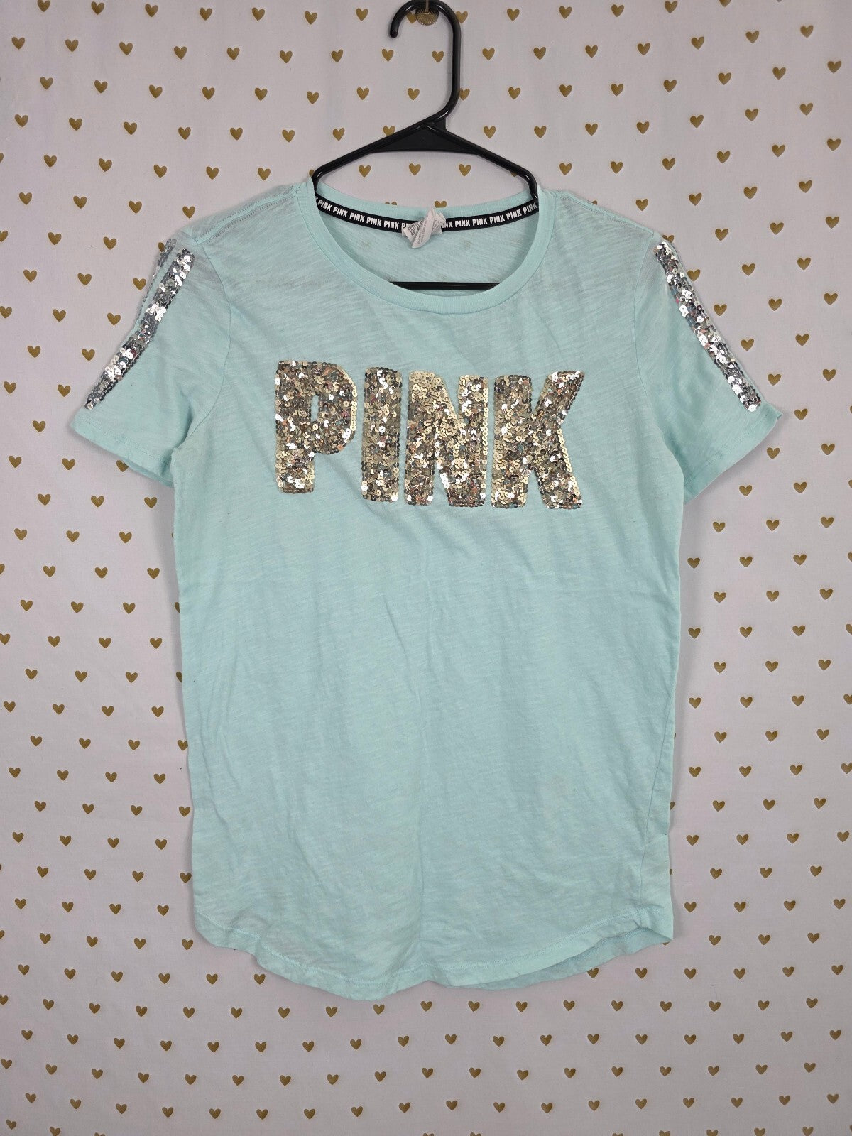 Victorias Secret PINK Bling Sequined Logo Short Sleeve Tee shirt Small