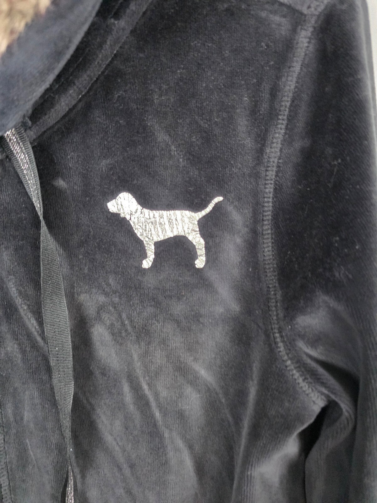Vintage Victoria’s Secret PINK Velour Hoodie L Faux Fur MEGA BLING Sequin Heart