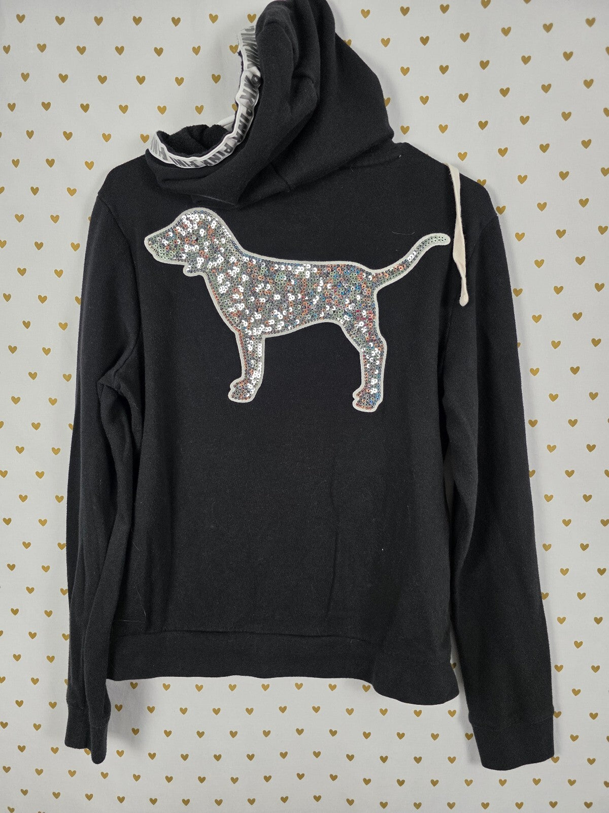 Victorias Secret Pink BLING SEQUINED DOG Pullover Hoodie Sweater LARGE