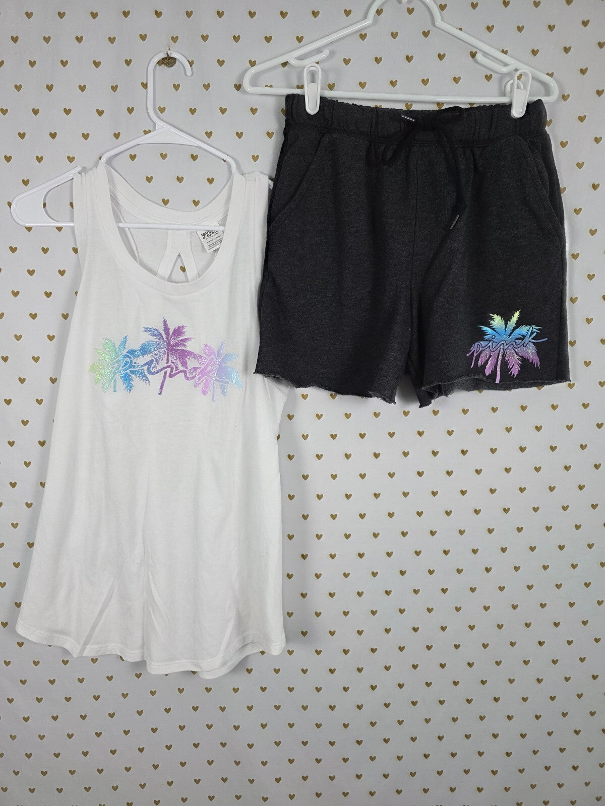 Victorias Secret PINK GLITTER BLING PALM Set Tank Top Sweat Shorts OUTFIT SMALL