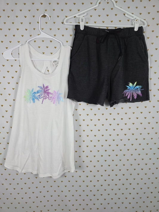 Victorias Secret PINK GLITTER BLING PALM Set Tank Top Sweat Shorts OUTFIT SMALL