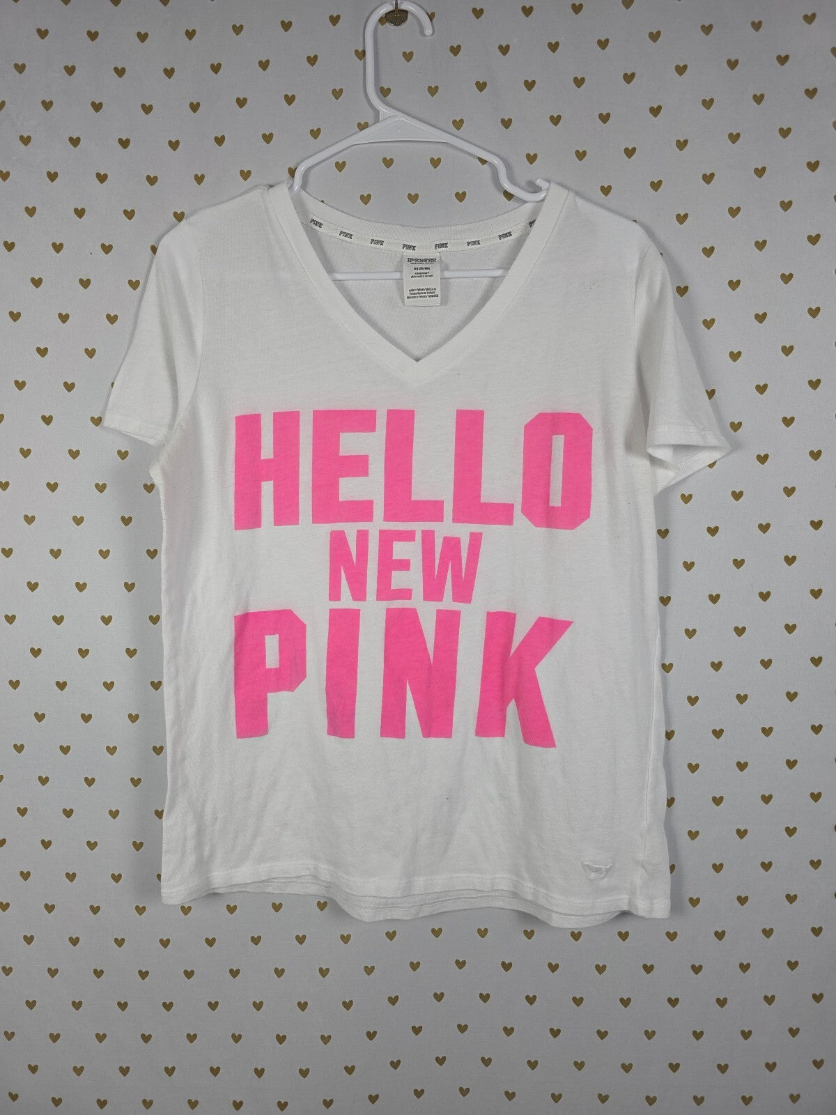 Victoria's Secret PINK Hello New Pink Neon Graphic V Neck Tee Shirt M