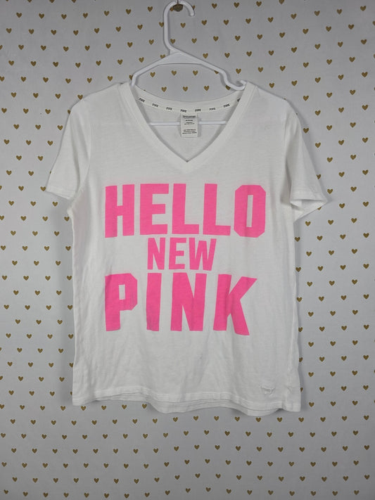 Victoria's Secret PINK Hello New Pink Neon Graphic V Neck Tee Shirt M