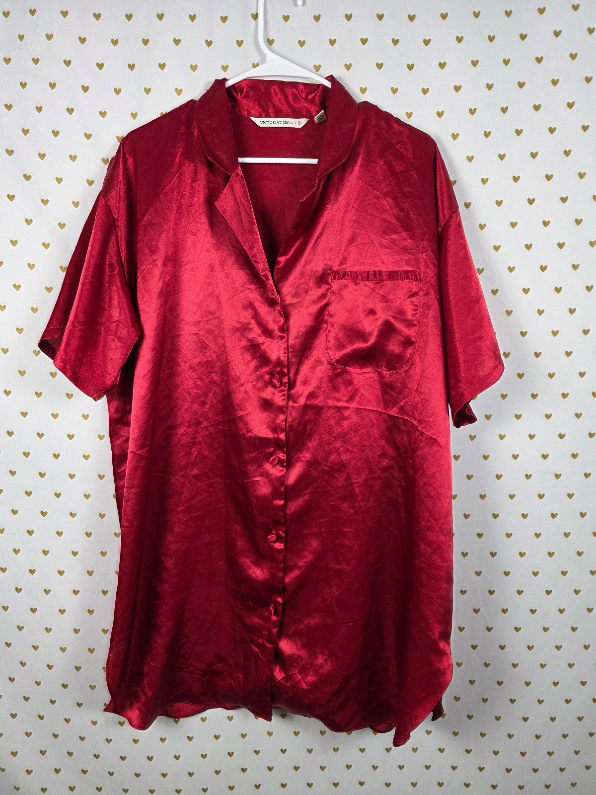 Victorias Secret Heart Label vintage red Button Down Sleep Shirt Nightgown LARGE