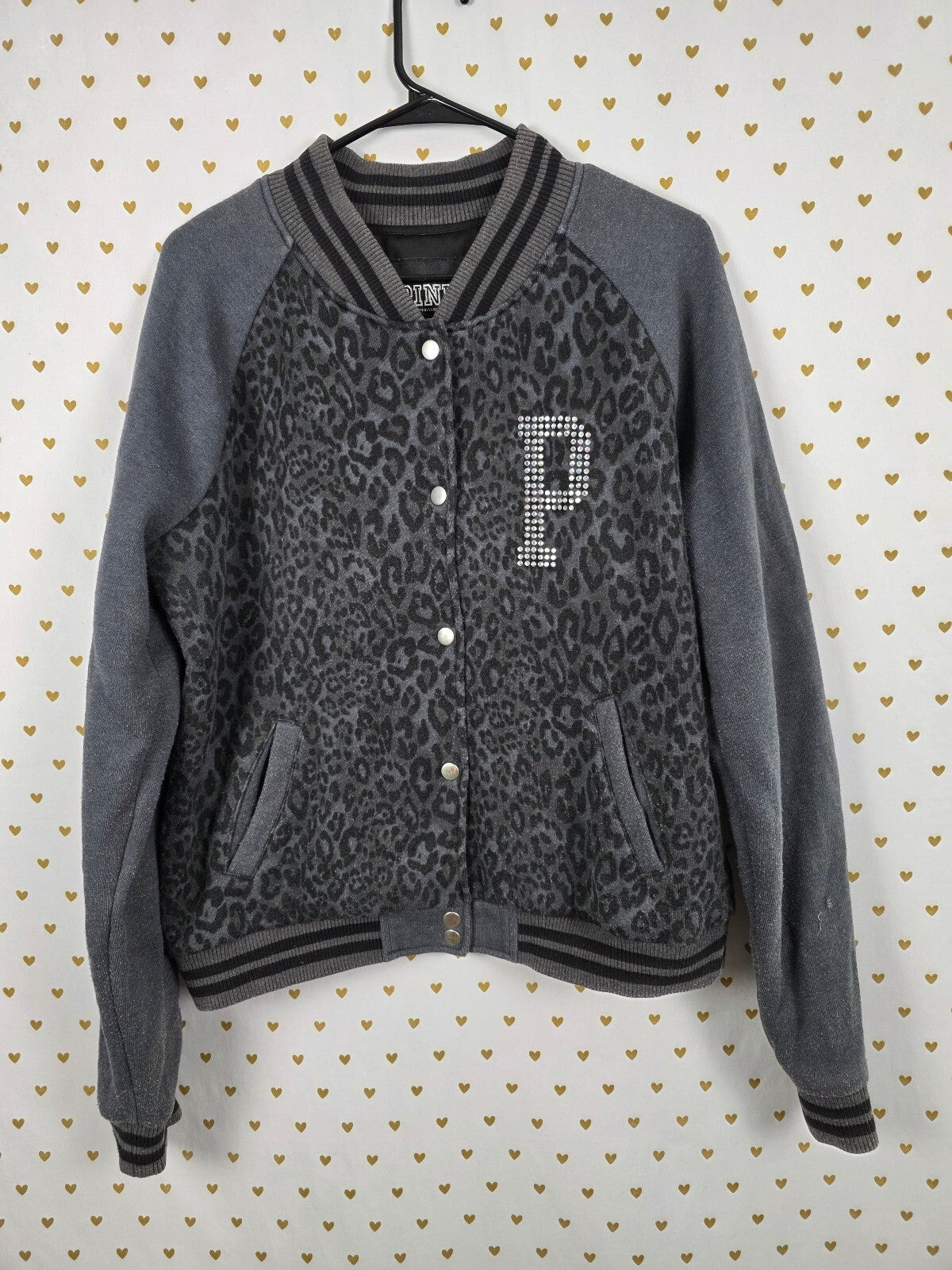 Victorias Secret Pink BLING CHEETAH LEOPARD Logo Varsity Bomber LARGE