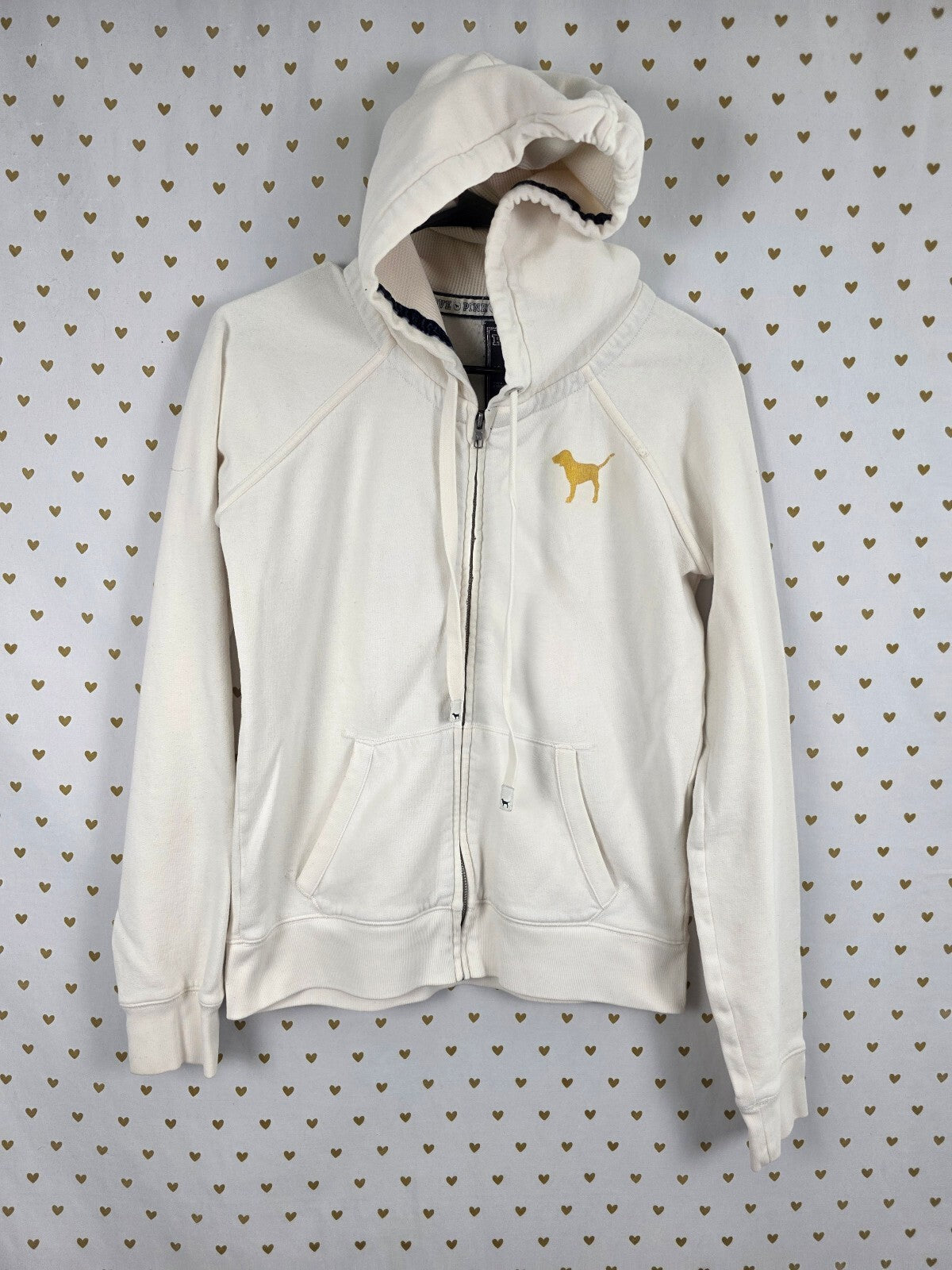 Victorias Secret Pink Vintage thermal Heart Bling gold sequined Full zip hoodie