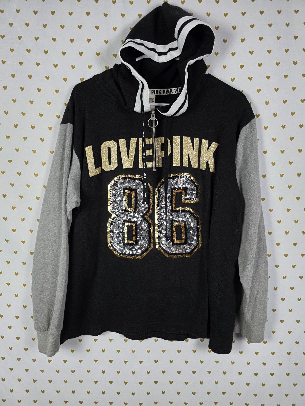 Victorias Secret Pink Bling 86 Hooded Quarter Zip Sequined Logo Sweater
