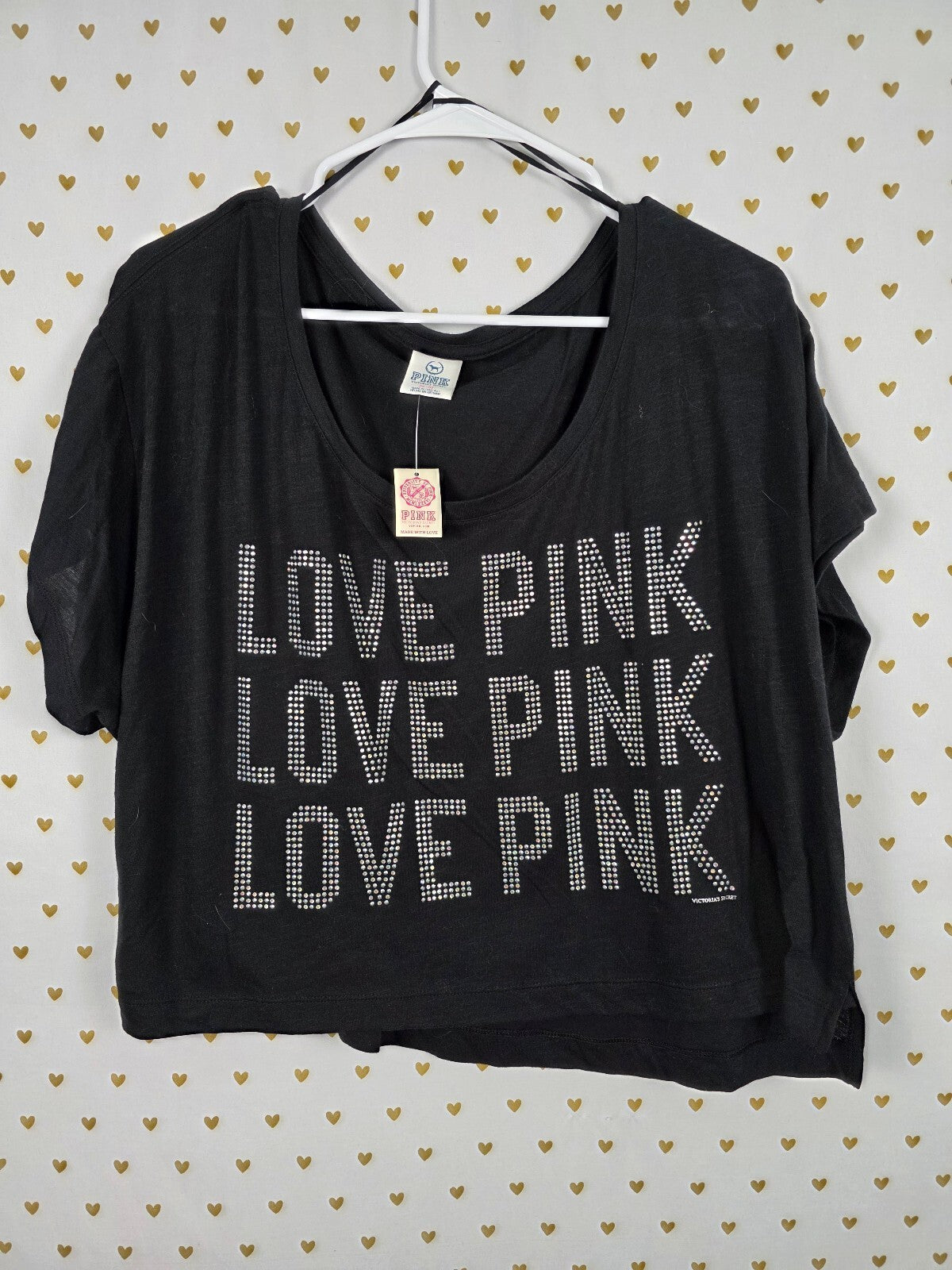 NWT Victoria's Secret PINK Love Pink Rhinestone Bling Tee M Oversized Y2K Crop