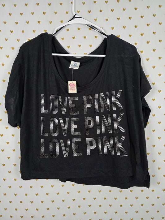 NWT Victoria's Secret PINK Love Pink Rhinestone Bling Tee M Oversized Y2K Crop