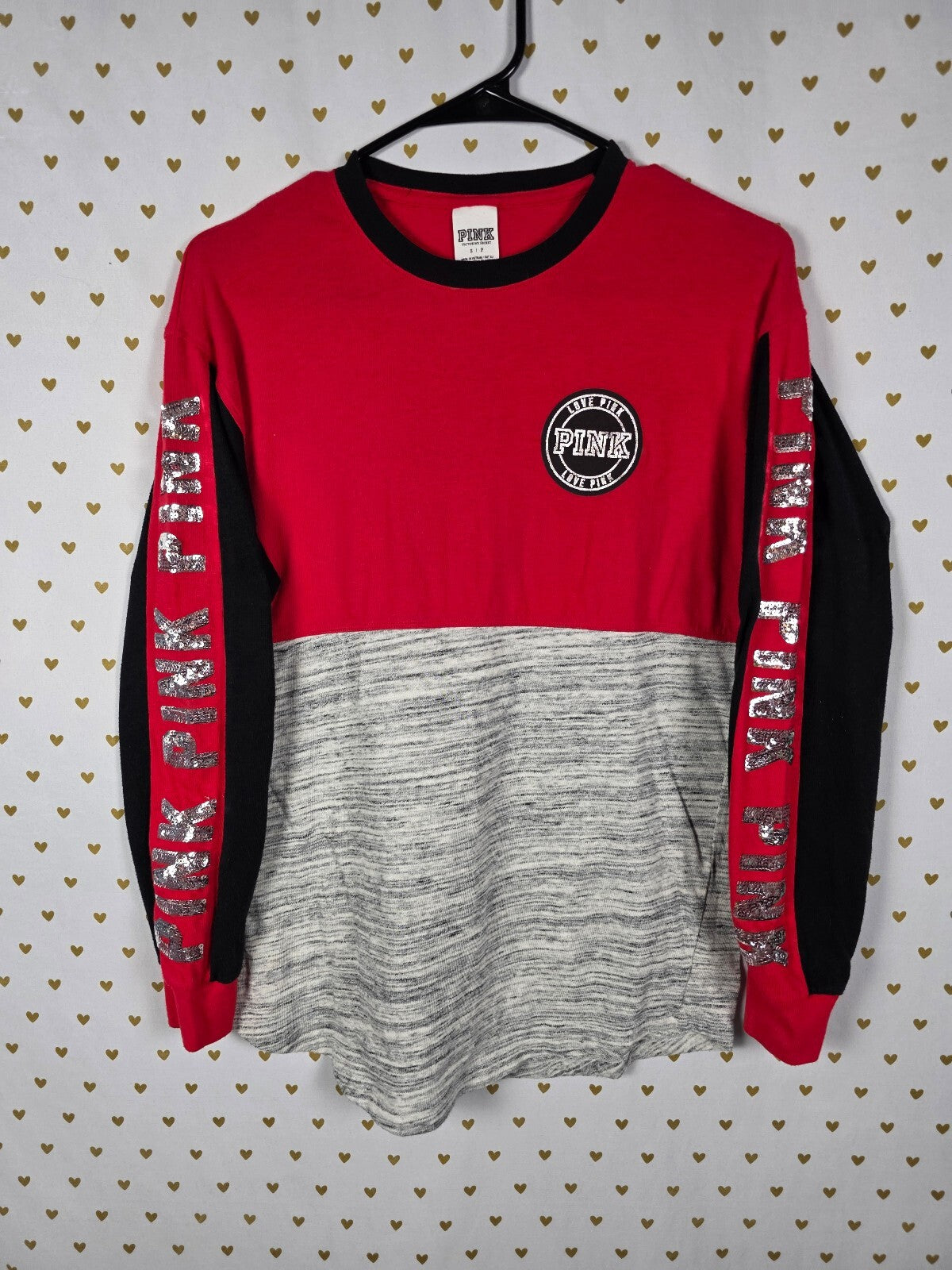 Victorias Secret PINK Red Bling Logo Long sleeve Colorblock tee shirt Small