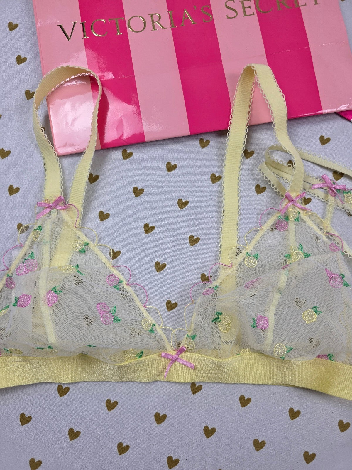 Victoria's Secret PINK Yellow Fruit Embroidered Mesh Bralette Thong Set L