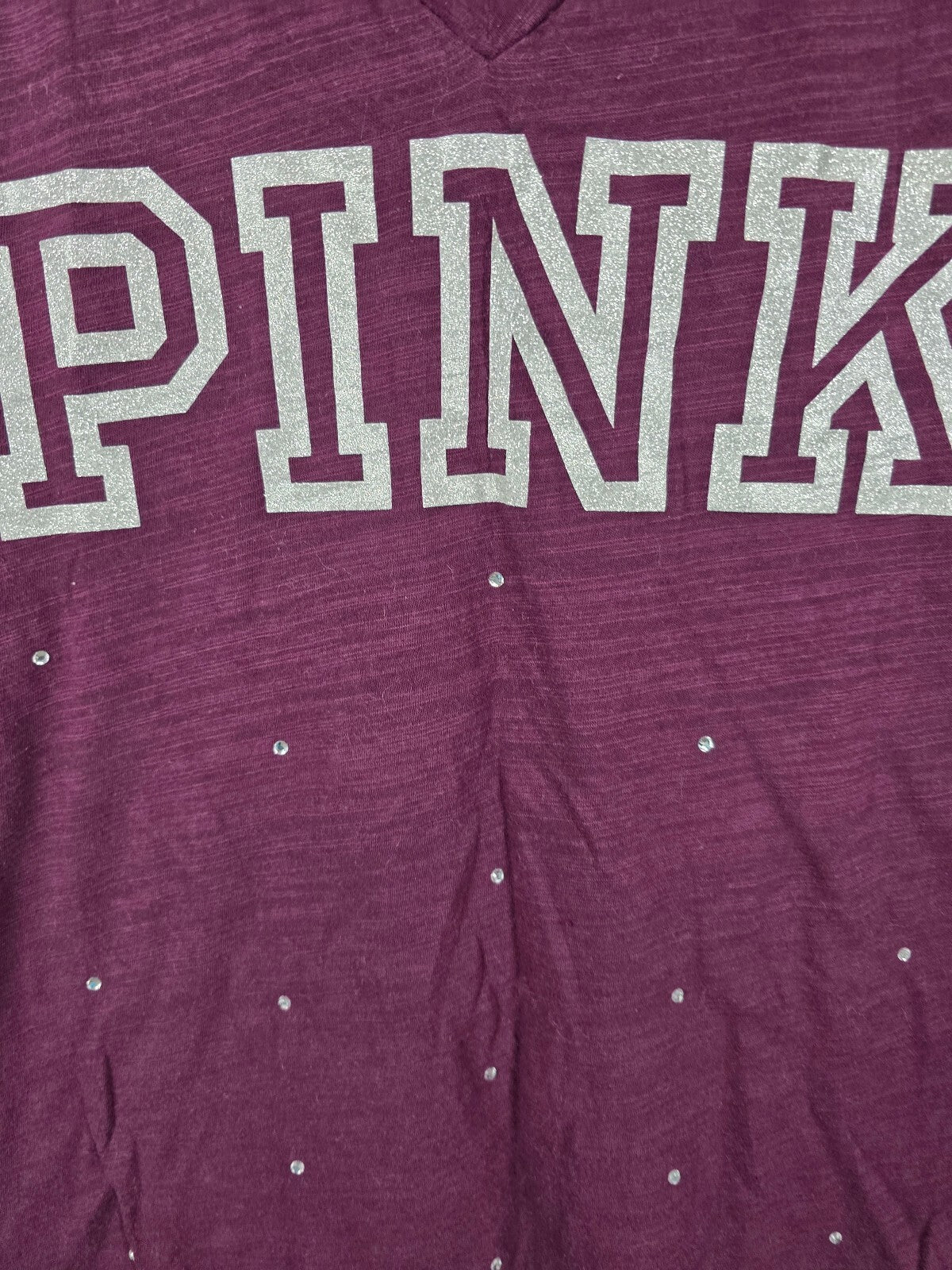 Victorias Secret PINK Maroon Studded Bling V neck Tee shirt Logo LARGE