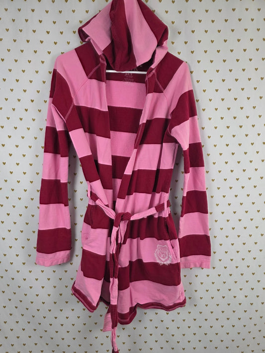 Vintage 2005 VS PINK Hooded Robe XS/S Pink Burgundy Striped Just Woke Up Y2K