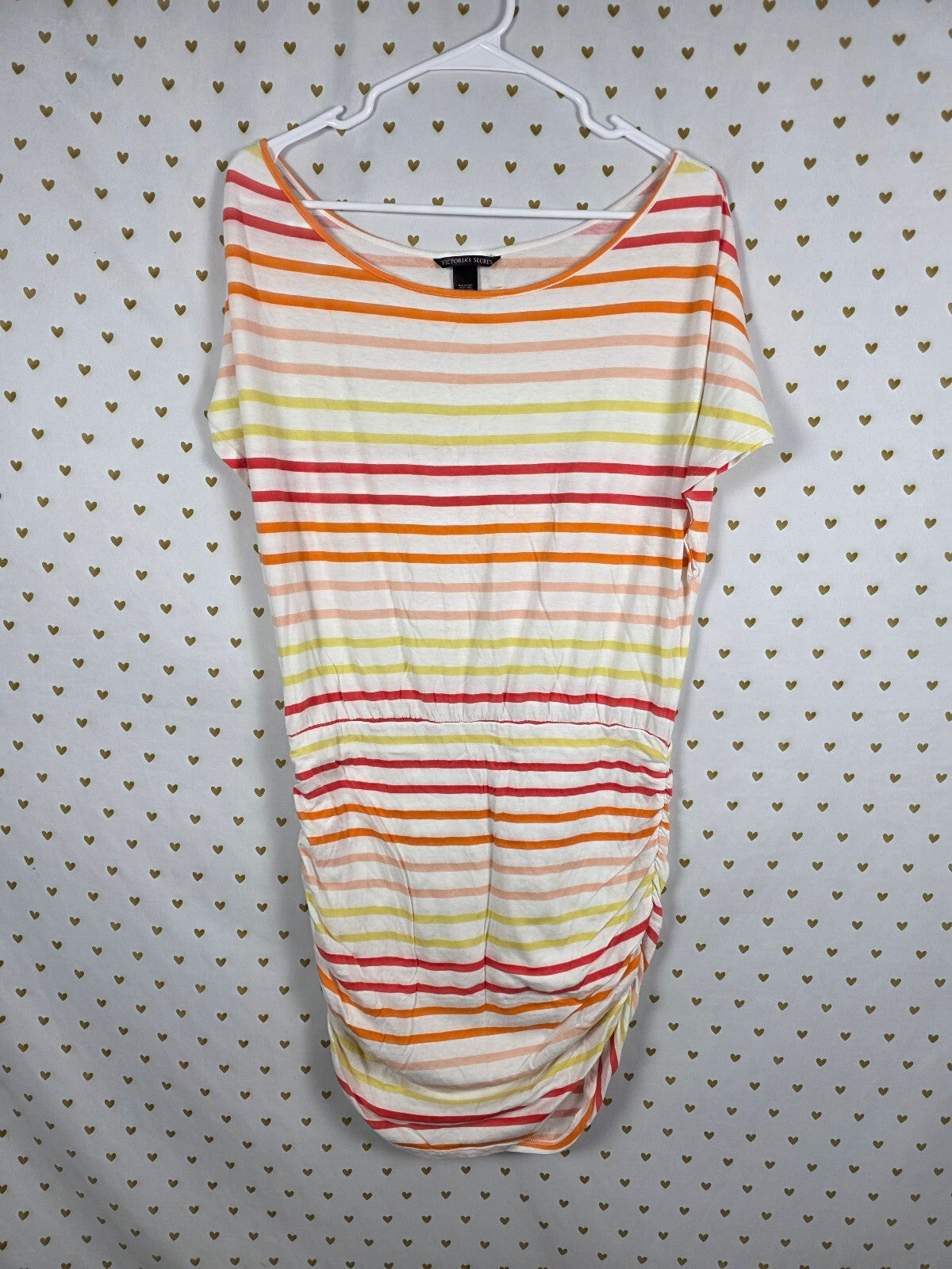 Victoria's Secret Striped Blouson Dress Ruched Waist Medium Orange Pink Yellow