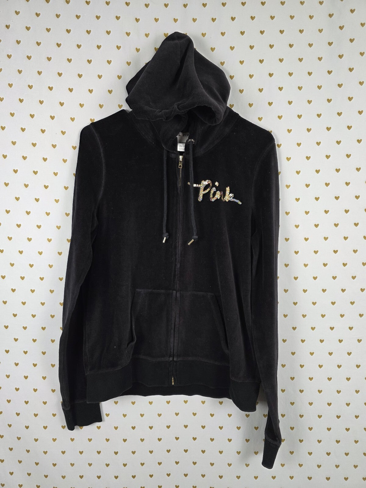 Victorias Secret Pink Vintage Black Velour Gold Sequined Bling Hoodie Jacket L
