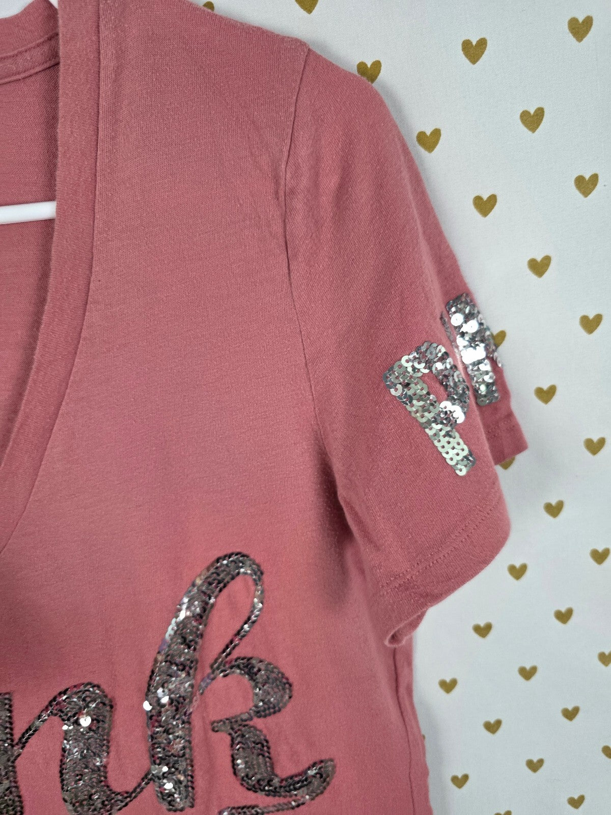 Victorias Secret PINK V neck sequined Tee shirt Silver Large