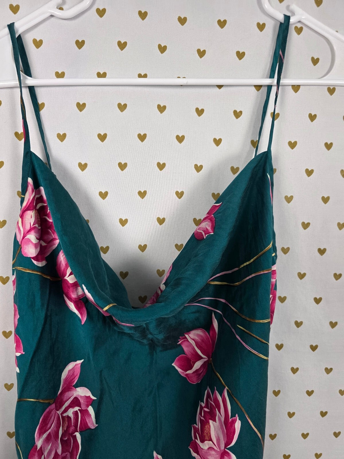 Victoria's Secret Gold Label 100% Silk Floral Slip Dress Nightgown M Teal