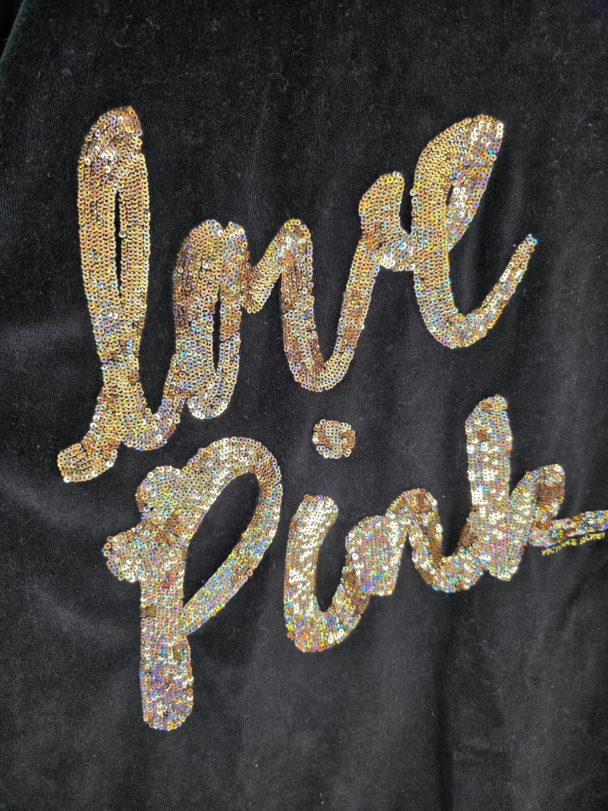 Victorias Secret Pink Vintage Black Velour Gold Sequined Bling Hoodie Jacket L