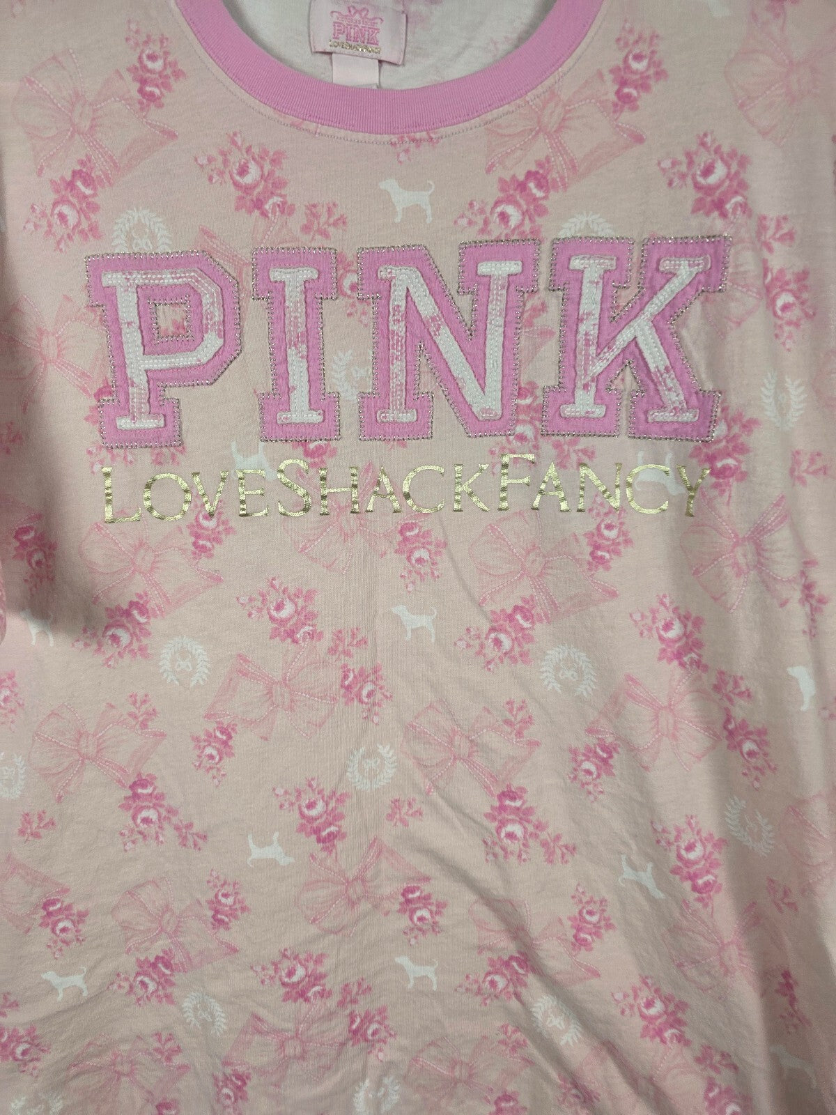 Victorias Secret PINK LOVESHACKFANCY Floral Campus Tee Large LOVESHACK Bows