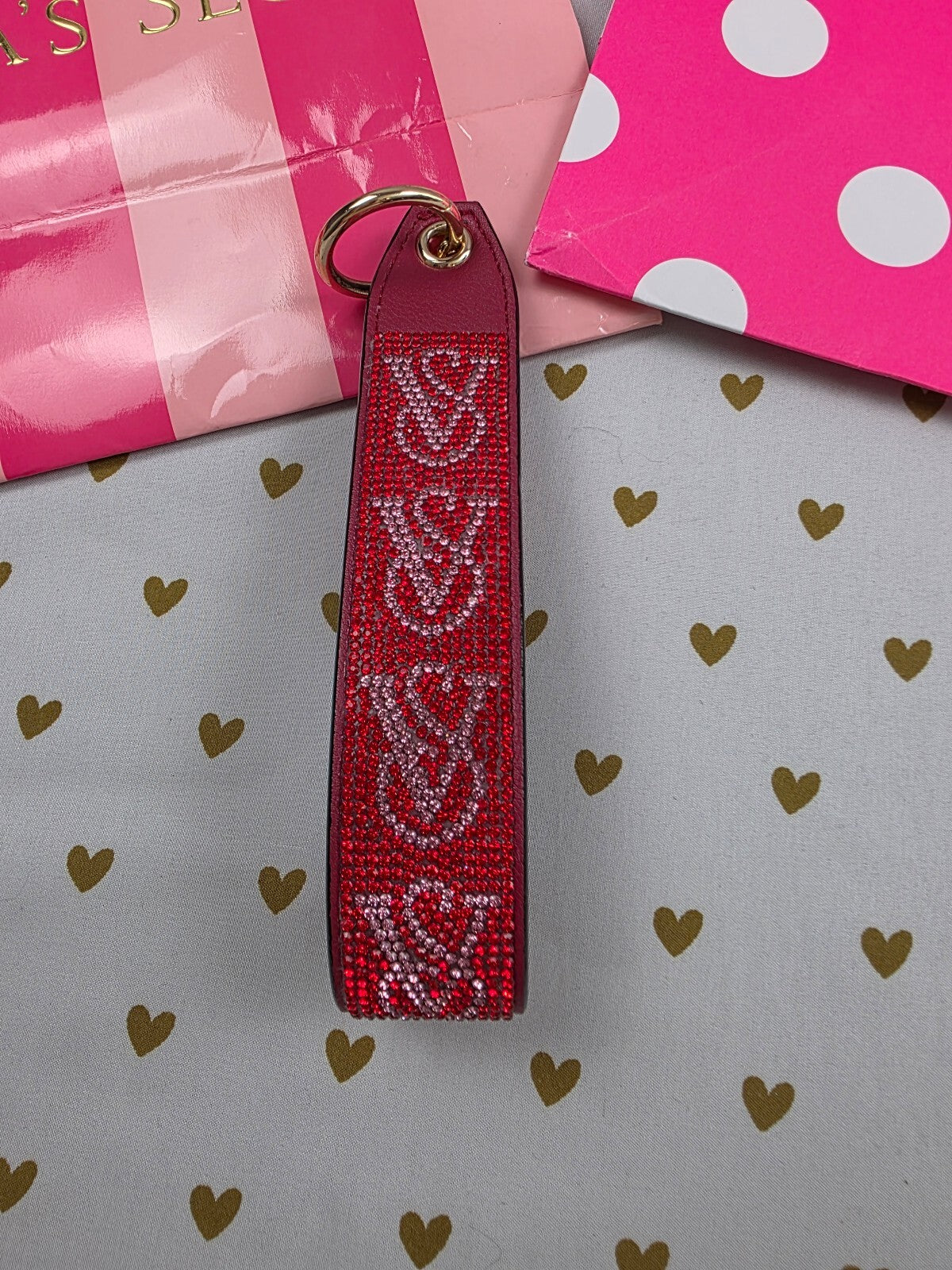 Victoria Secret BLING wristlet strap keychain Studded Rhinestone Logo Red