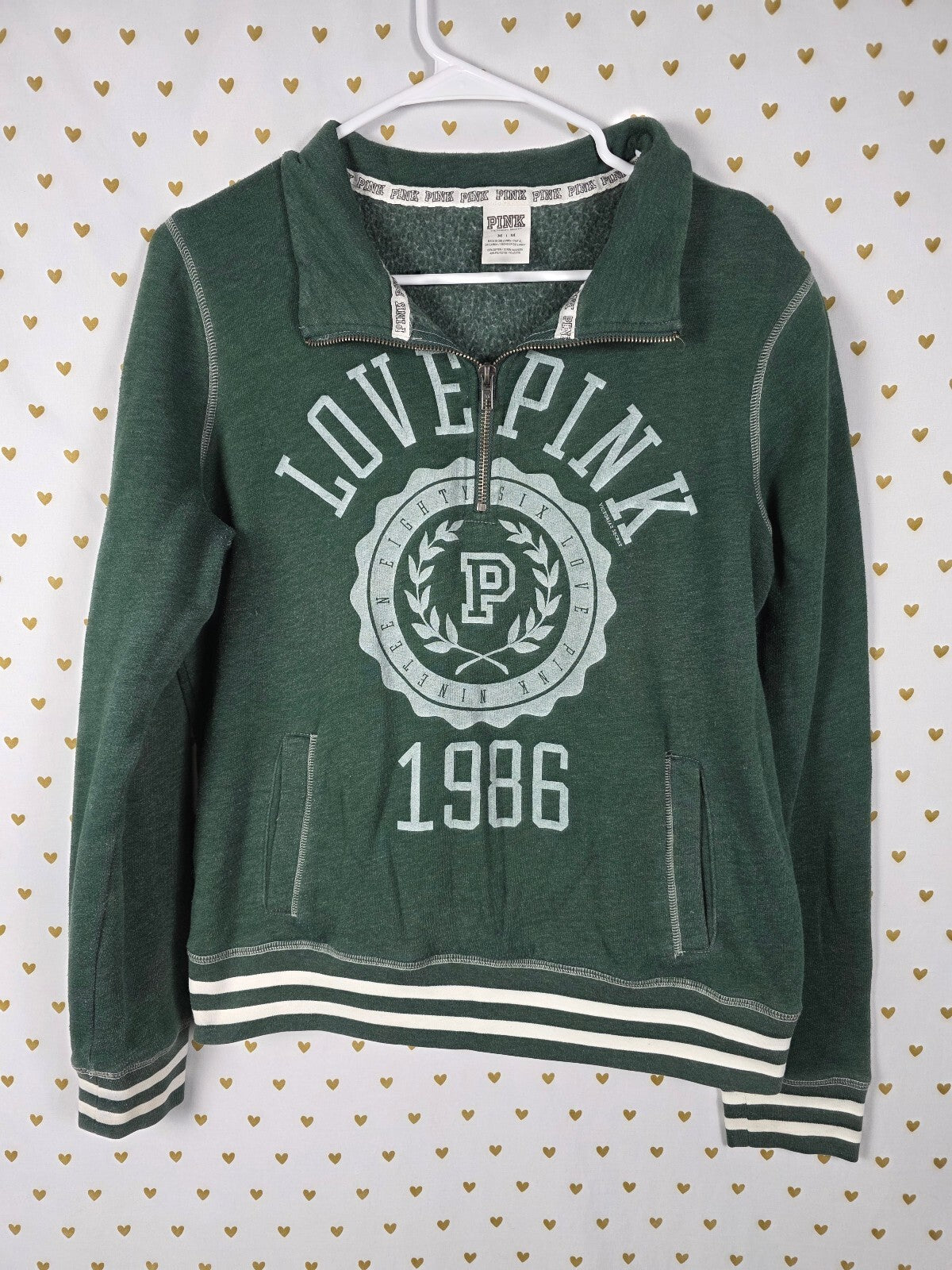 Victorias Secret Pink Vintage Style Logo Green Quarter Zip Sweater Shirt MEDIUM