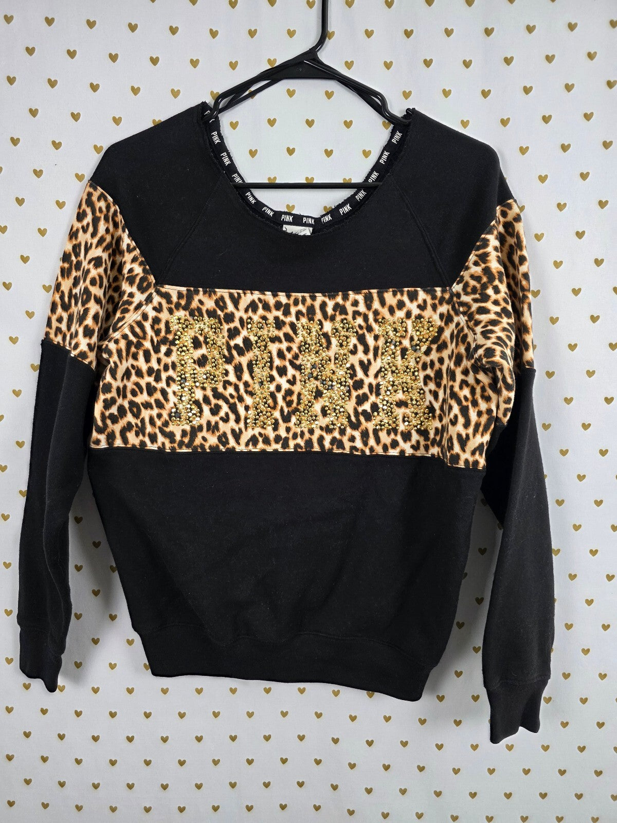 Victorias Secret Pink Bling Logo Cheetah Leopard Slouchy Sweater Shirt XS