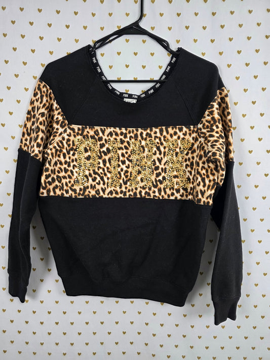 Victorias Secret Pink Bling Logo Cheetah Leopard Slouchy Sweater Shirt XS