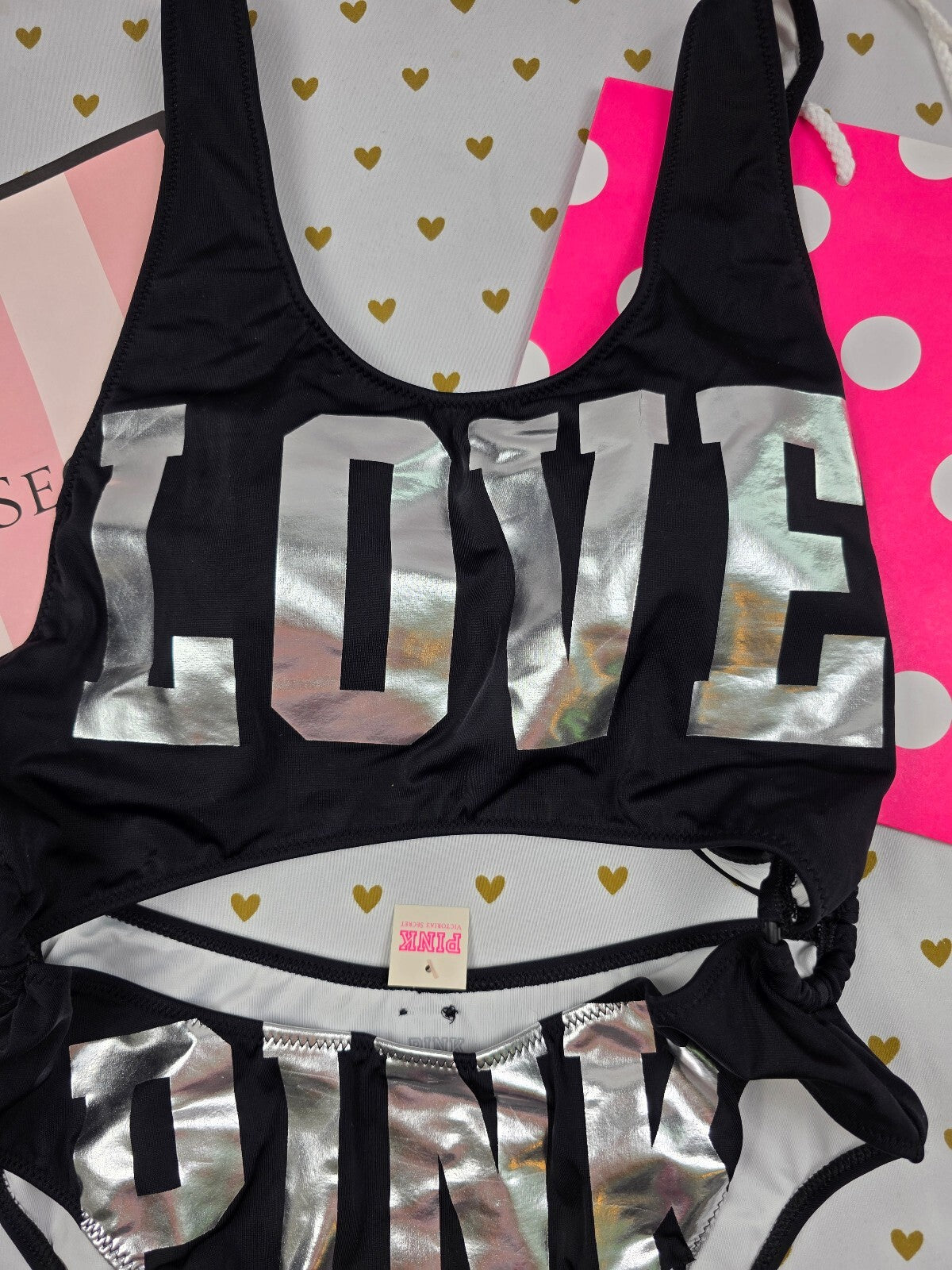 NWT Victoria's Secret PINK LOVE Silver Foil Bikini Swimsuit MONOKINI  Medium